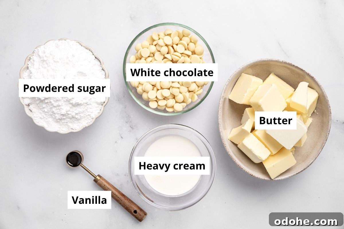white chocolate buttercream frosting ingredients in bowls