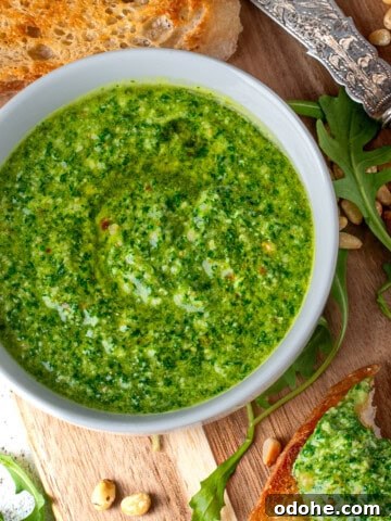 Arugula pesto, also known as rocket pesto, served with toasted ciabatta.