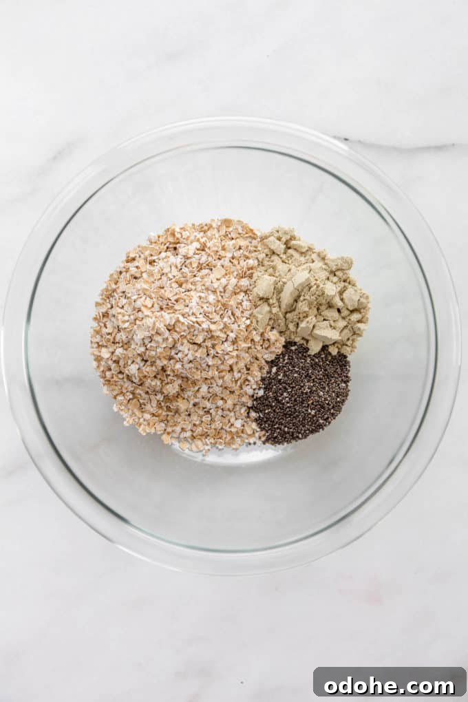 oats, protein powder and chia seeds in a mixing bowl.