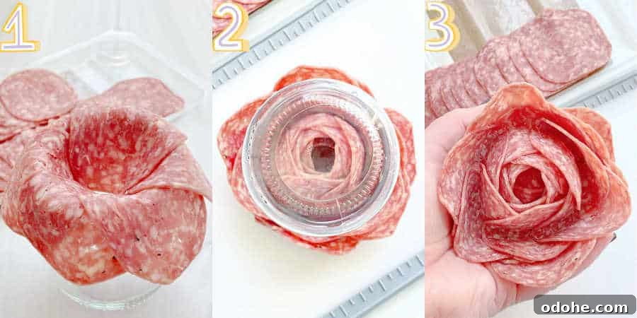 Create a Salami Rose: Step-by-Step Guide for Party Platters 5 step by step photos showing how to make a salami rose