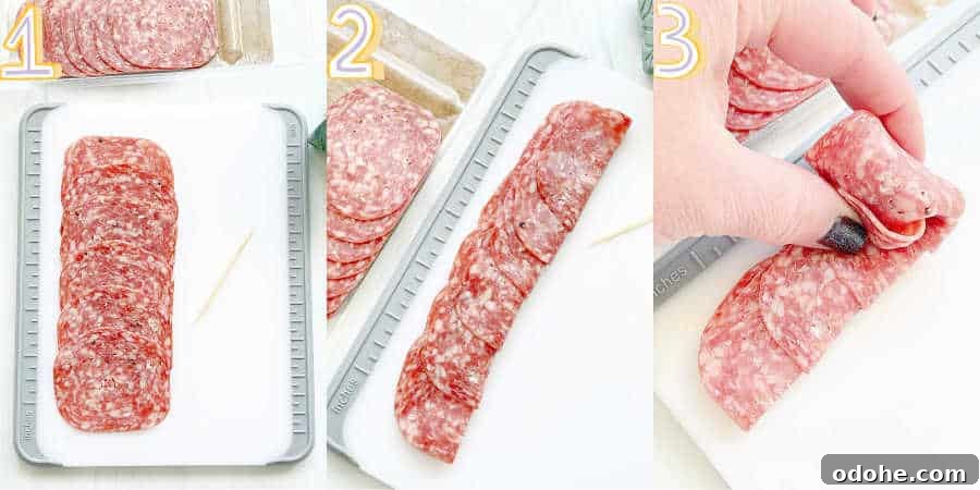 Create a Salami Rose: Step-by-Step Guide for Party Platters 6 step by step photos showing how to make salami rosebuds