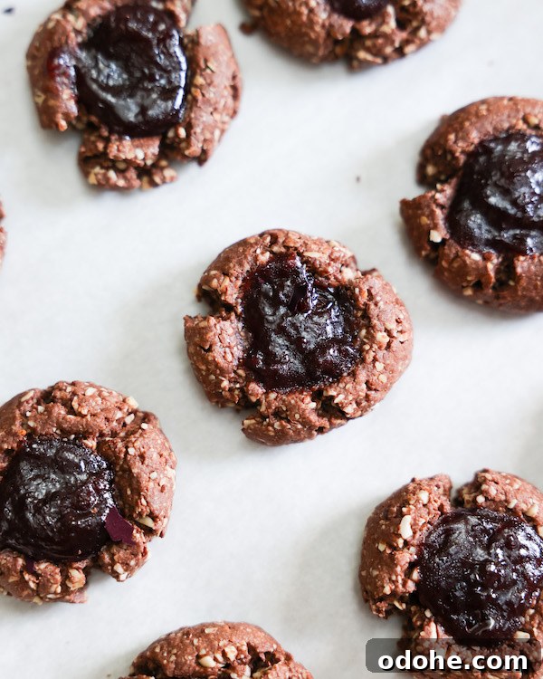 Vegan Chocolate Cherry Thumbprint Cookies arranged in rows.