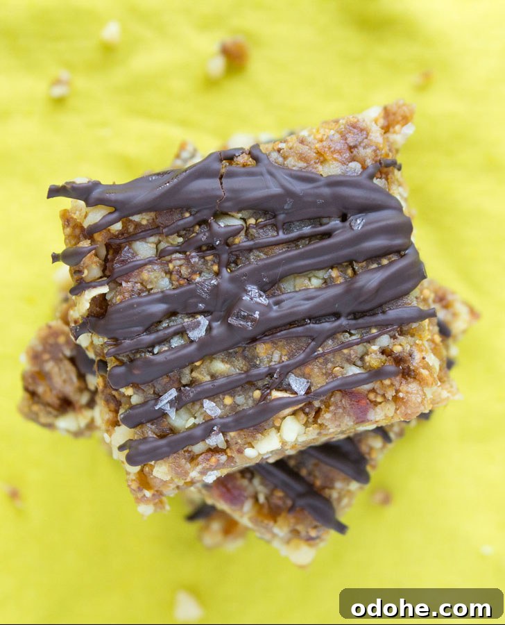 Stacked Fig Walnut Bars drizzled with chocolate.