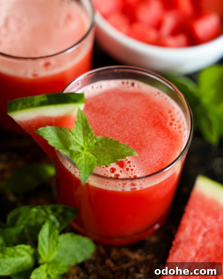 Glass of Watermelon Smoothie with a sprig of mint and small slice of watermelon on the rim.