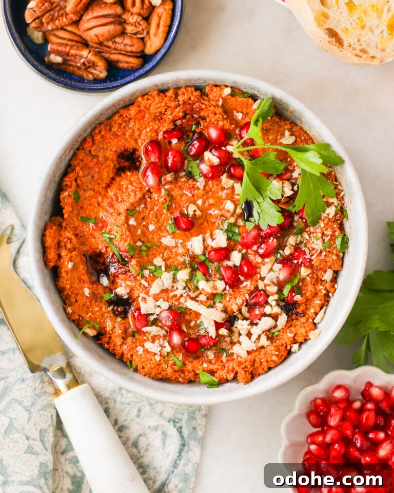 Bowl of Pecan Muhammara topped with pomegranate arils, nuts, and parsley.