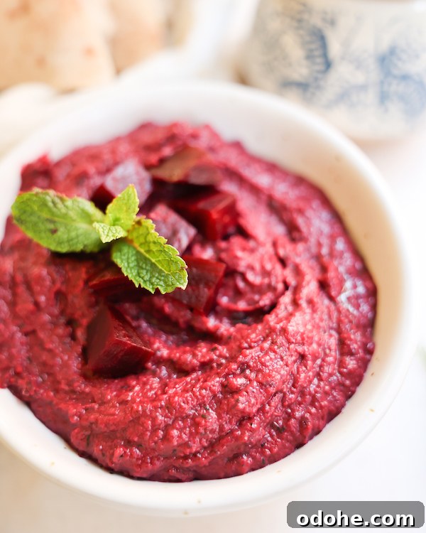 Bowl of Beet Black Bean Dip with fresh herbs and small cubes of beets.