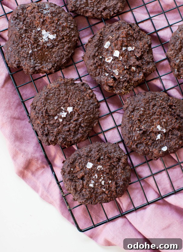Double Chocolate Black Bean Cookies sprinkled with flaky salt on a cooling rack.