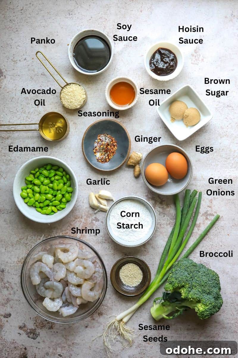 Mongolian Shrimp and Broccoli Stir-Fry Recipe 3 Ingredients needed for the Mongolian shrimp on a counter in small bowls.
