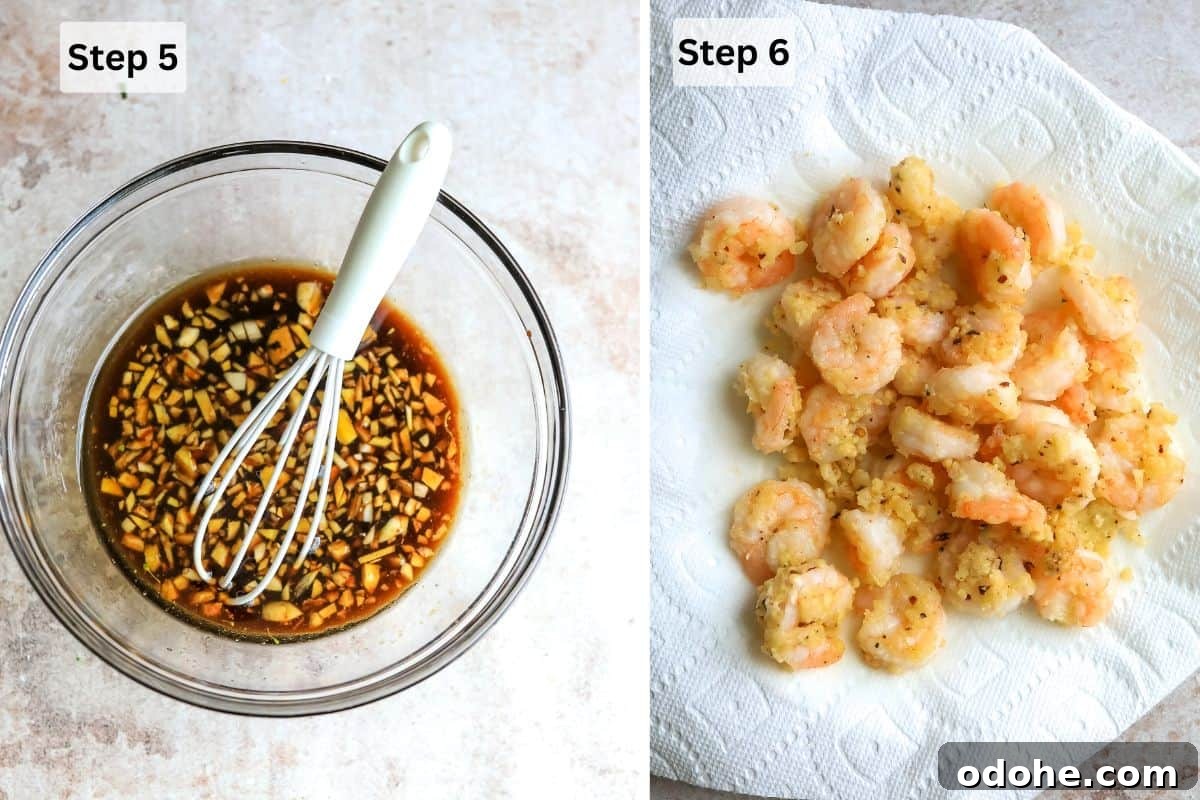 Mongolian Shrimp and Broccoli Stir-Fry Recipe 6 Glass bowl with sauce and garlic and shrimp on a paper towel.