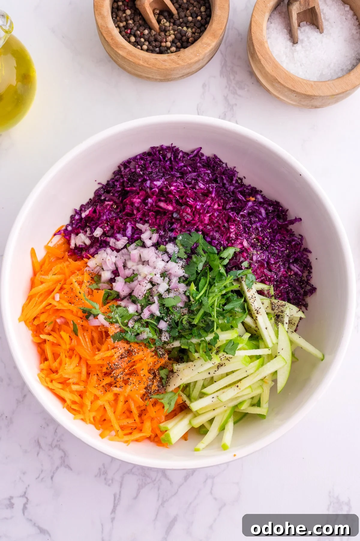 Crunchy Cabbage and Carrot Salad with Zesty Dressing 4 A white bowl with sections of red cabbage, shallot, carrots, apple, and parsley.