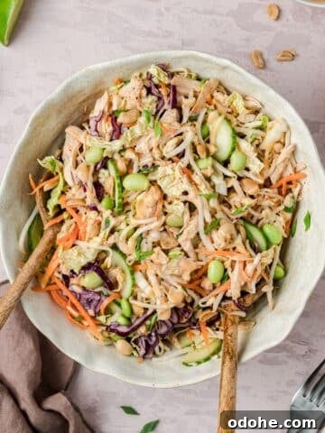 A bowl of bang bang chicken salad being tossed.