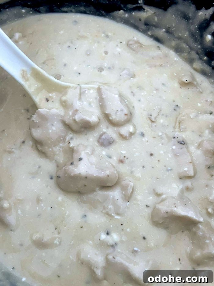 A slow cooker full of cream Italian chicken with a serving spoon inserted diagonally from the upper left.