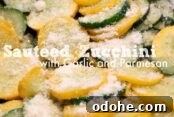 Sautéed zucchini and yellow squash with garlic and parmesan. The text Sautéed Zucchini with Garlic and Parmesan is overlayed on the photo in the middle.