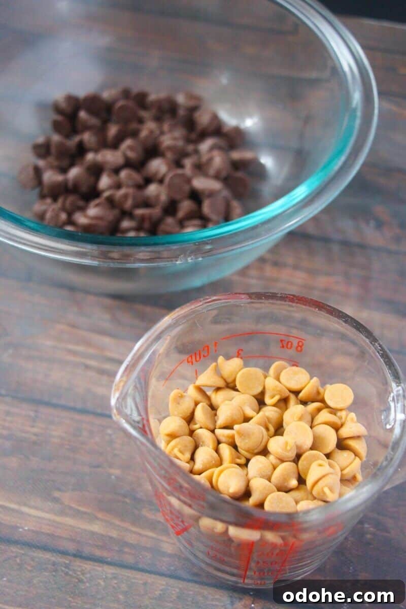 Glass bowl of chocolate chips and glass measuring cup with peanut butter chips.