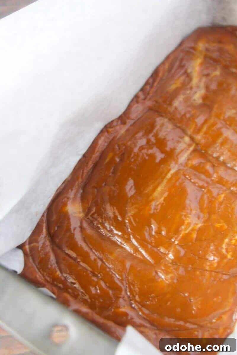 Chocolate peanut butter fudge mixture pressed evenly into lined pan.