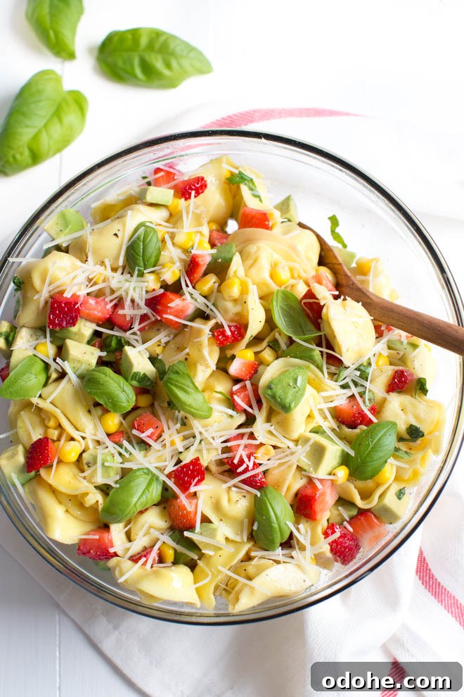Strawberry corn avocado tortellini salad