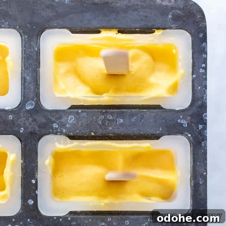 Homemade Mango Popsicle Recipe — Creamy & Refreshing 4 wooden stick shown in ice pop mold