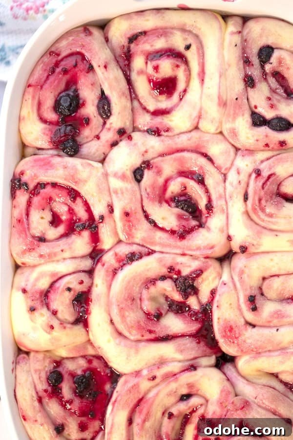 Berry sweet rolls rising in a white baking dish.