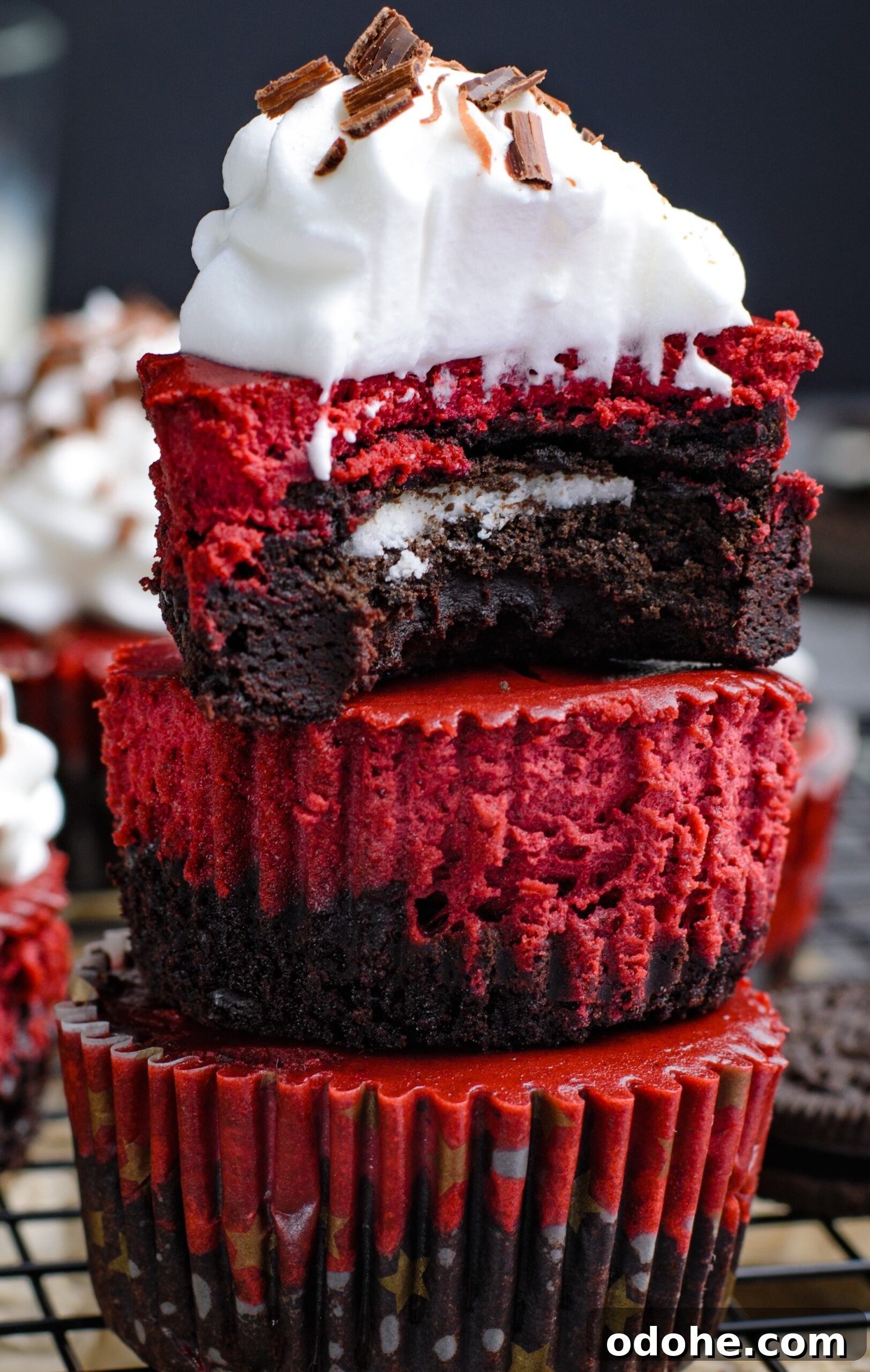 Mini Red Velvet Oreo Cheesecake Bites for Parties 20 super up close view of the inside of the cheesecakes with a bite removed