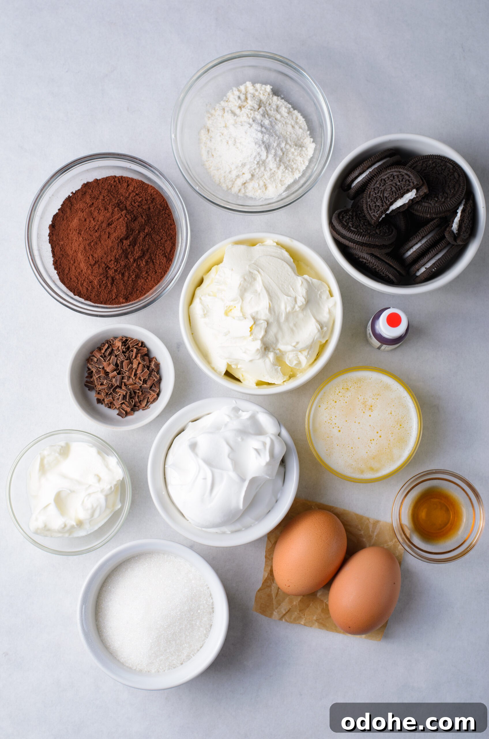 Mini Red Velvet Oreo Cheesecake Bites for Parties 7 Overhead view of this ingredients needed to complete this recipe.