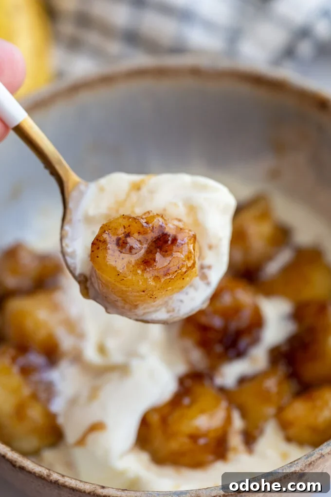 How to Make Perfect Caramelized Bananas for Desserts and Toppings 6 spoonful of ice cream and a caramelized banana slice