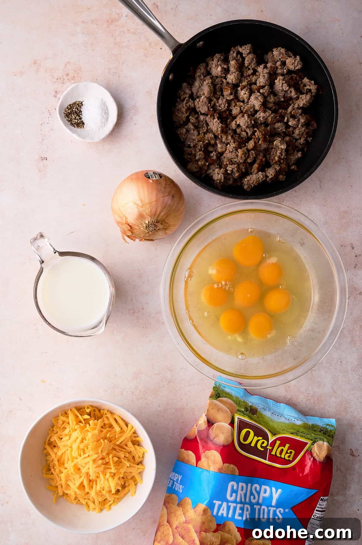 Tater Tot Breakfast Casserole Recipe for Brunch Crowd 3 The ingredients for the tater tot casserole are laid out.