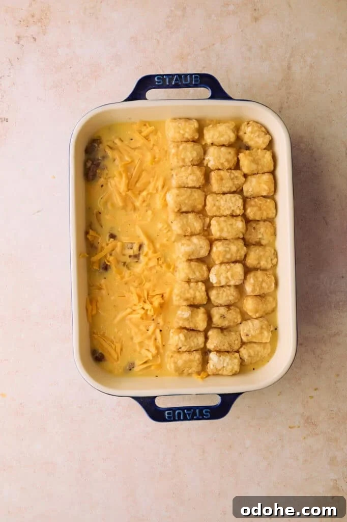Tater Tot Breakfast Casserole Recipe for Brunch Crowd 9 Three lines of tater tots are lined up on the egg mixture in the baking dish.