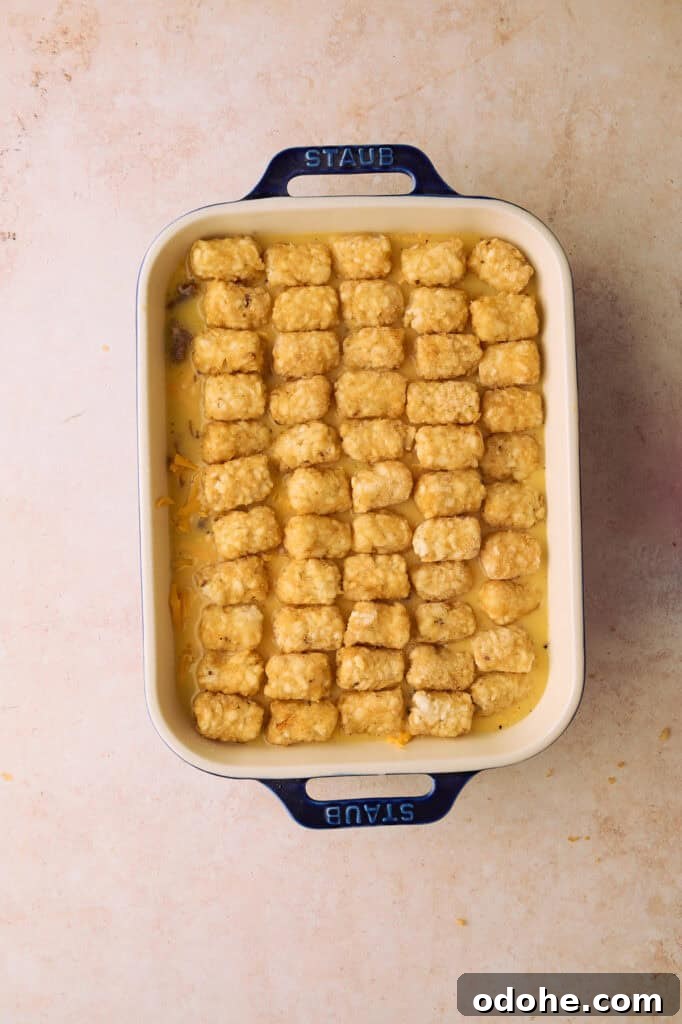 Tater Tot Breakfast Casserole Recipe for Brunch Crowd 10 The entire top of the baking dish is covered with the frozen tater tots.