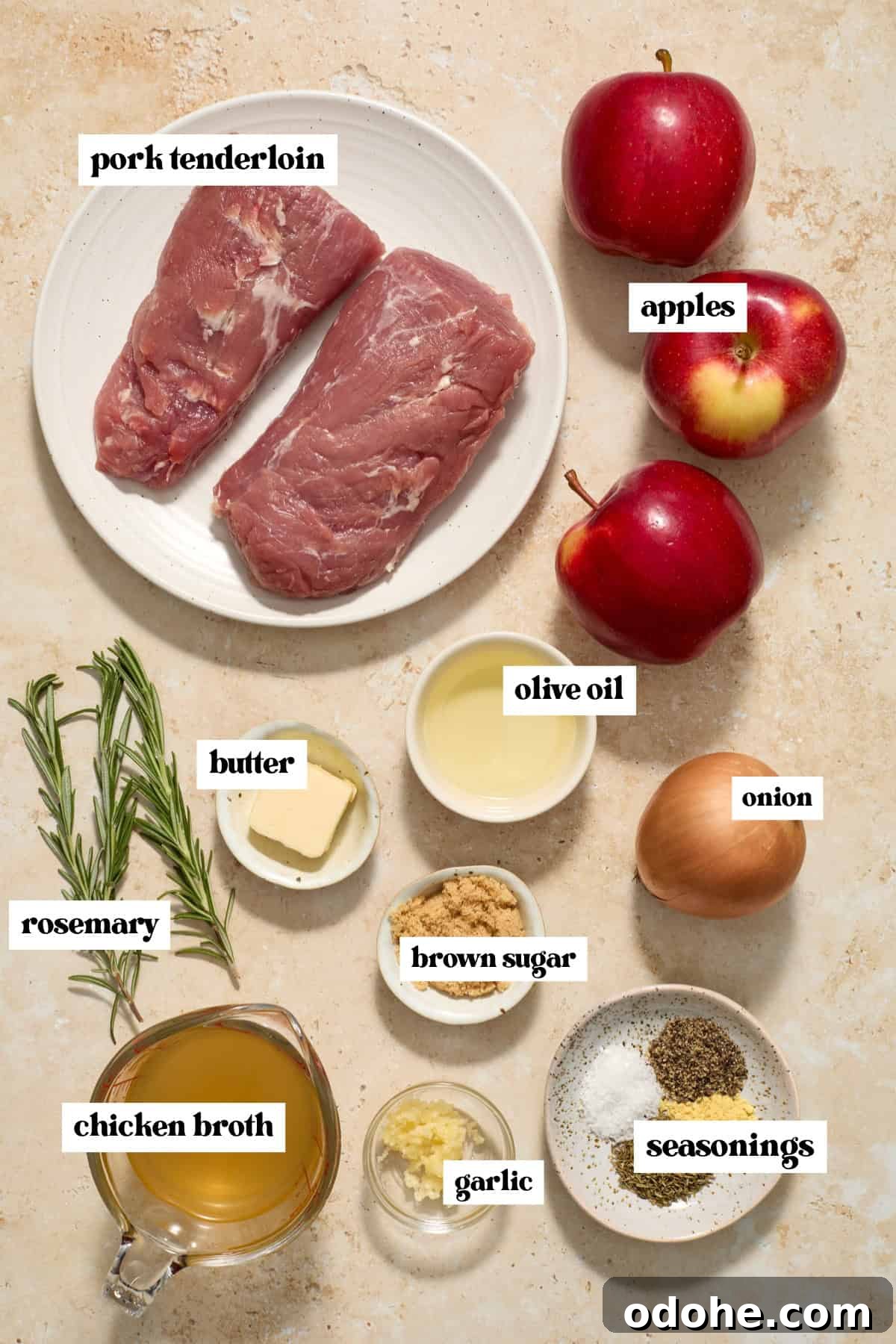 Perfect Instant Pot Pork Tenderloin Recipe for Juicy Results 4 Pork, butter, apple, rosemary and other ingredients labeled on surface.