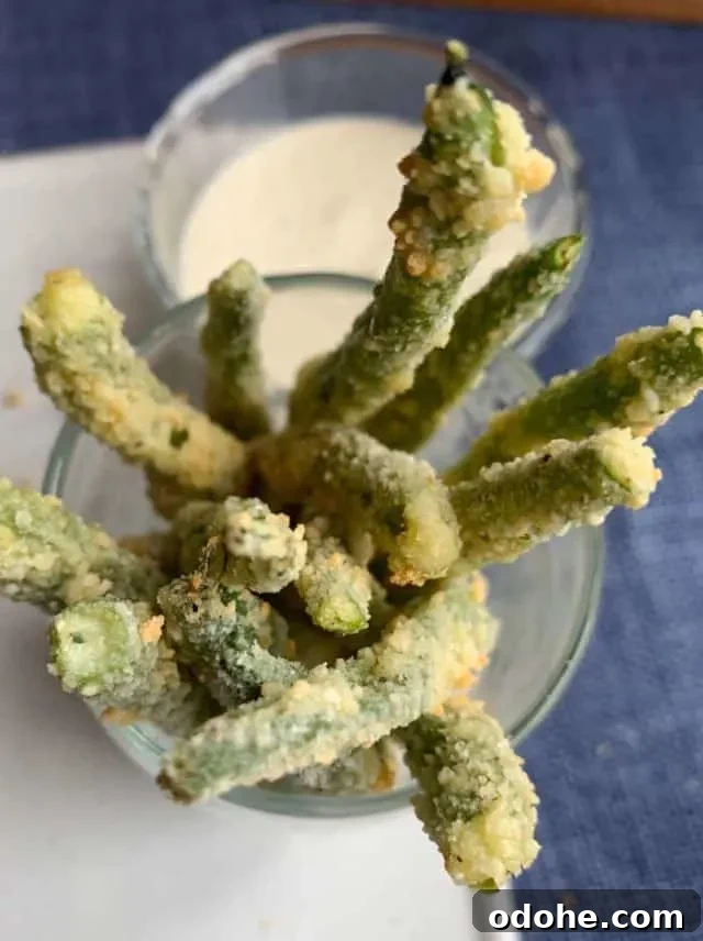 overhead view of air fryer green bean fries