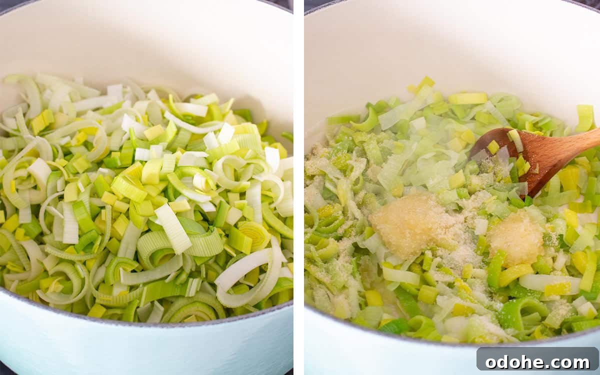 Creamless Potato and Leek Soup: Light, Velvety Recipe 4 Set of two photos showing chopped leeks and garlic cooked in a pot.