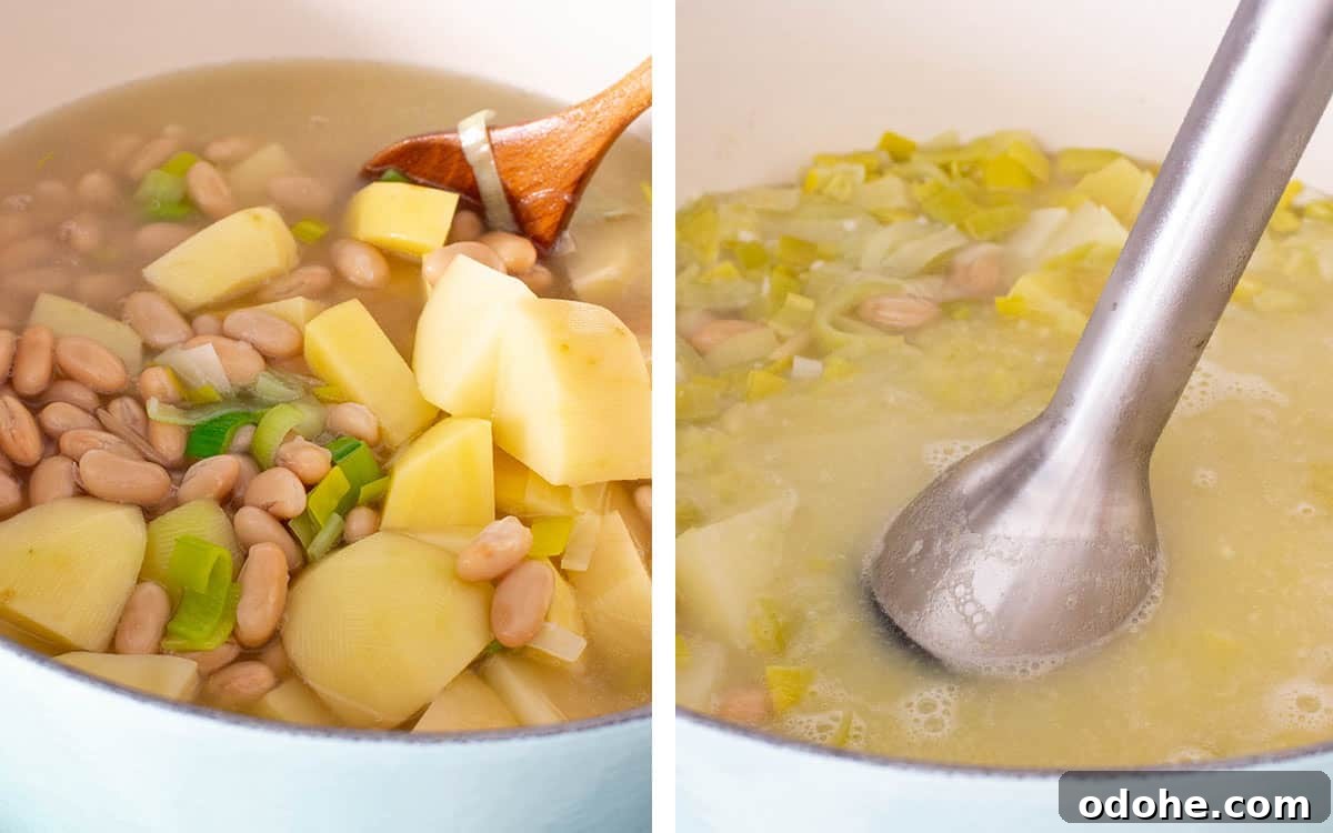 Creamless Potato and Leek Soup: Light, Velvety Recipe 5 Set of two photos showing potatoes, white beans, and broth added to a pot then blended with an immersion blender.