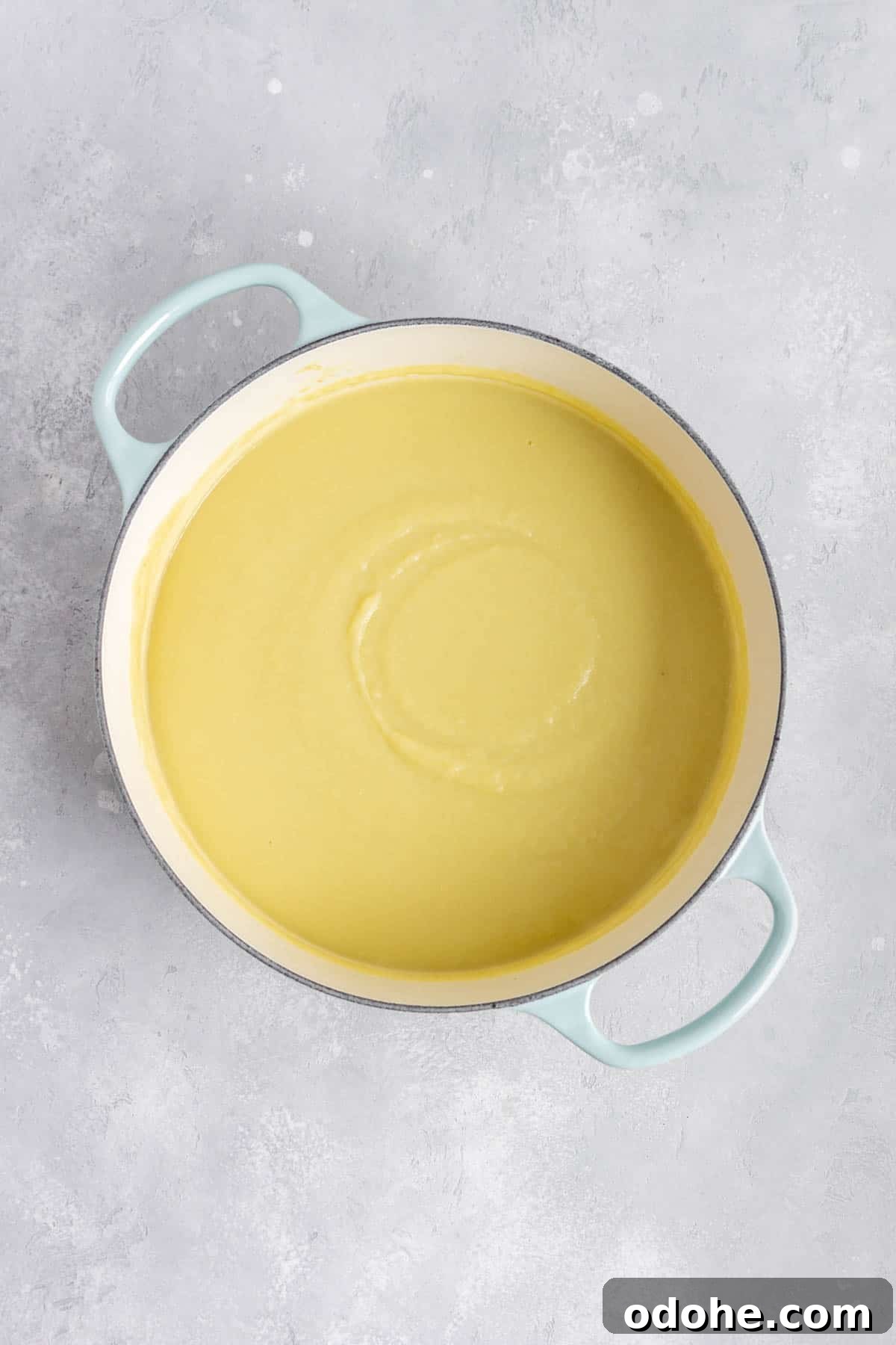 Creamless Potato and Leek Soup: Light, Velvety Recipe 6 Overhead view of potato leek soup in a dutch oven.