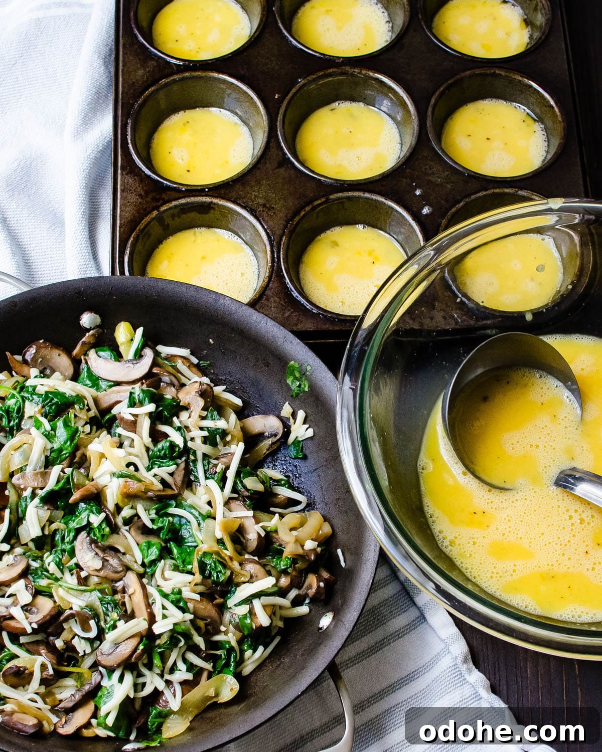Spinach and Mushroom Mini Frittatas for Quick Breakfasts 5 Assembling the mushroom and spinach muffin cups.