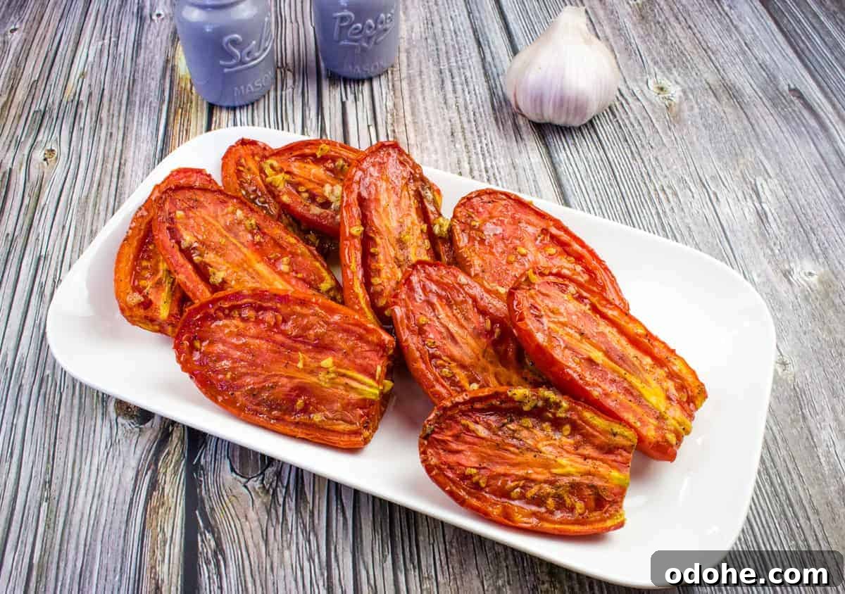 31 Memorial Day Recipes to Start Cookout Season Right 27 Smoked tomatoes served on a white rectangular plate.
