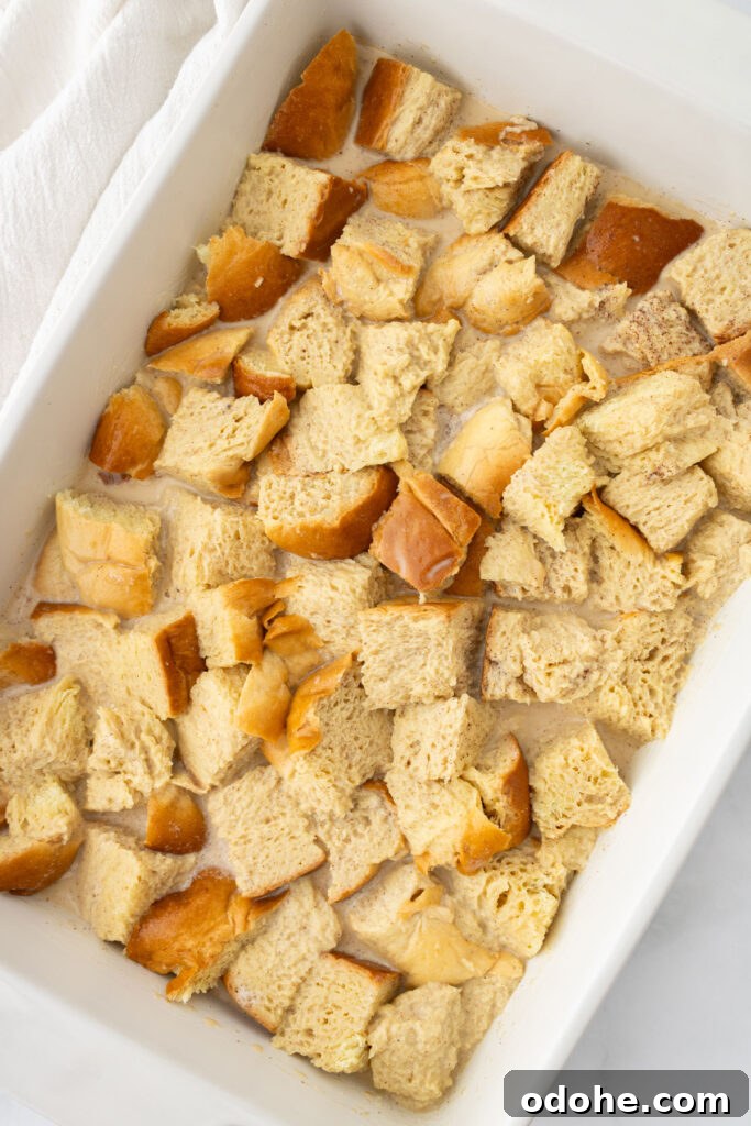 cubes of brioche in a casserole dish