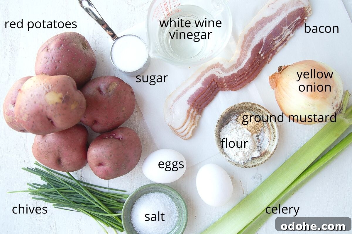 Authentic German Potato Salad with Hard-Boiled Eggs & Bacon 4 overhead photo of german potato salad ingredients