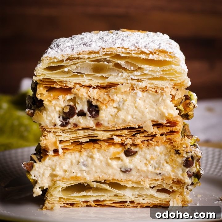 A slice of Cannoli Napoleon on a plate, ready to eat.
