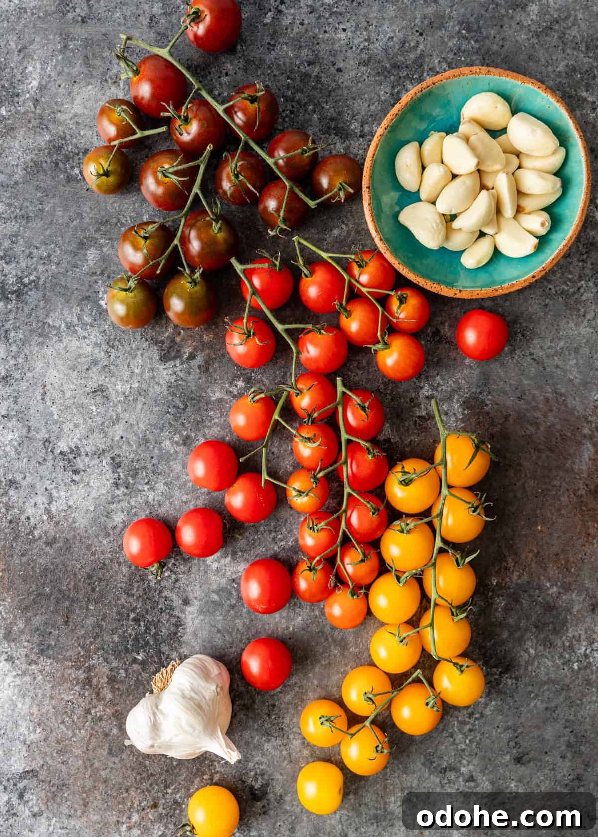Slow-Roasted Cherry Tomato Confit Recipe for Flavorful Dishes 4 overhead: ingredients needed to make stovetop tomato confit