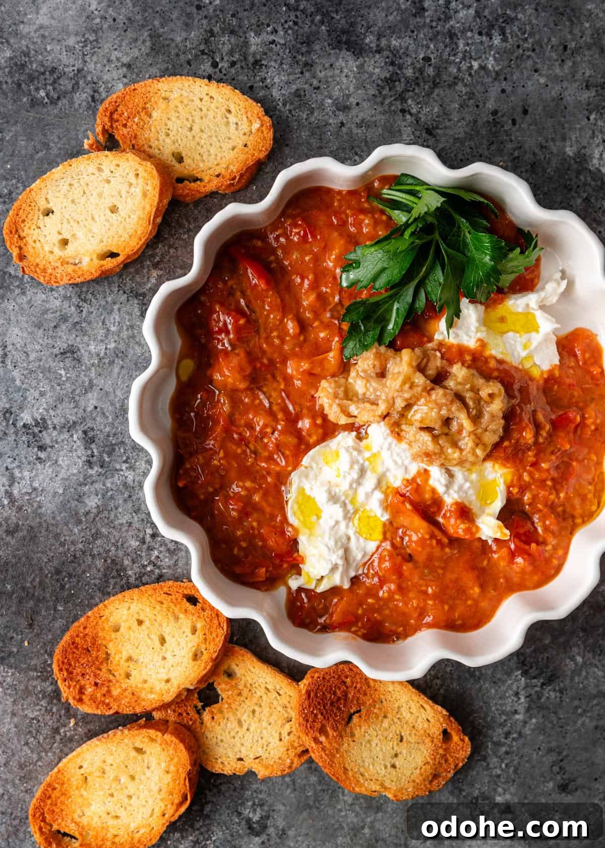 Slow-Roasted Cherry Tomato Confit Recipe for Flavorful Dishes 8 overhead: dip made with tomato confit and ricotta cheese with toasted bread to the side