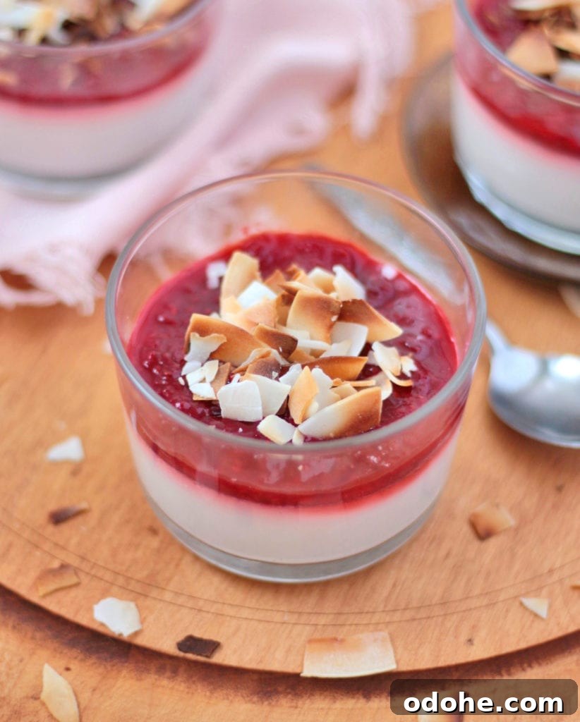 Vegan Coconut Panna Cotta with Fresh Strawberries 4 Close up on the toasted coconut and strawberry sauce over the dessert.