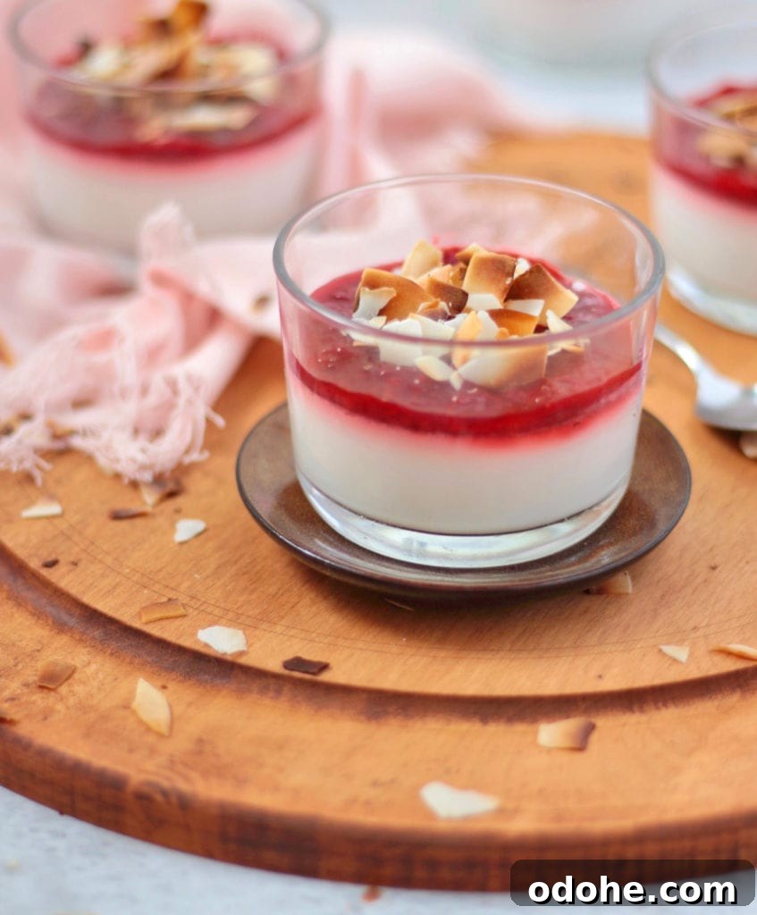 Vegan Coconut Panna Cotta with Fresh Strawberries 5 Layers of Coconut Panna Cotta, Strawberry Compote and Toasted Coconut Flakes