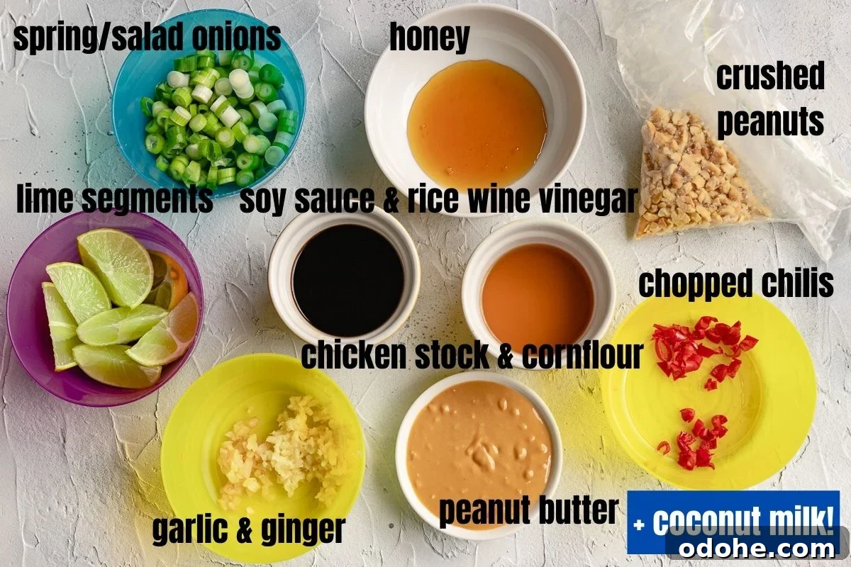 Spicy Thai Peanut Chicken Thighs with Sticky Glaze 3 All the ingredients needed to make spicy peanut butter chicken, except the chicken and coconut milk