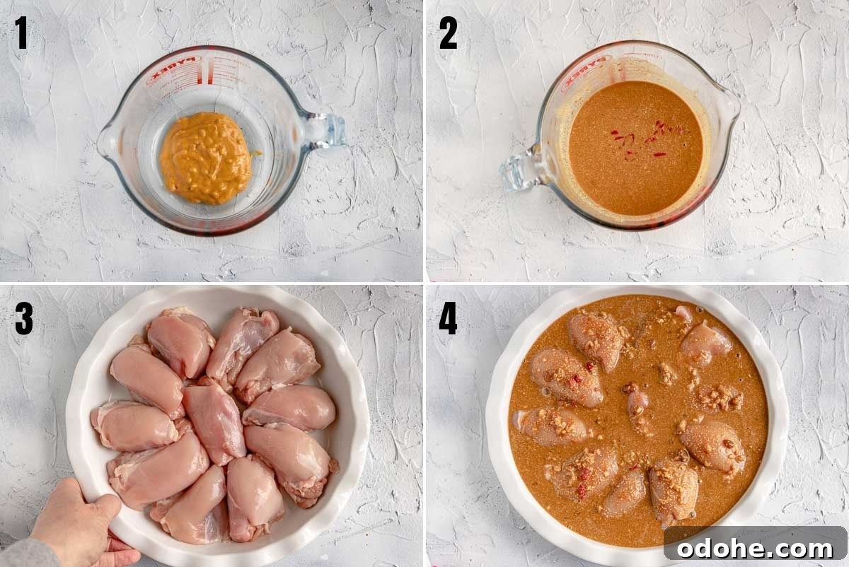 Spicy Thai Peanut Chicken Thighs with Sticky Glaze 4 Collage of images showing how to make the sauce for spicy peanut butter chicken and pour it over the chicken