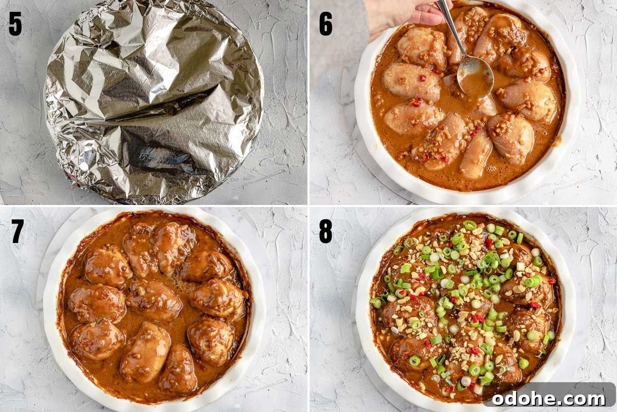 Spicy Thai Peanut Chicken Thighs with Sticky Glaze 5 Collage showing final steps: covering, baking, spooning over sauce and adding toppings