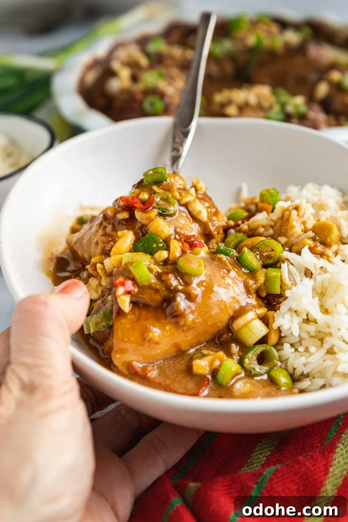 Spicy Thai Peanut Chicken Thighs with Sticky Glaze 7 Someone holding up a bowl of spicy peanut butter chicken and rice with a spoon