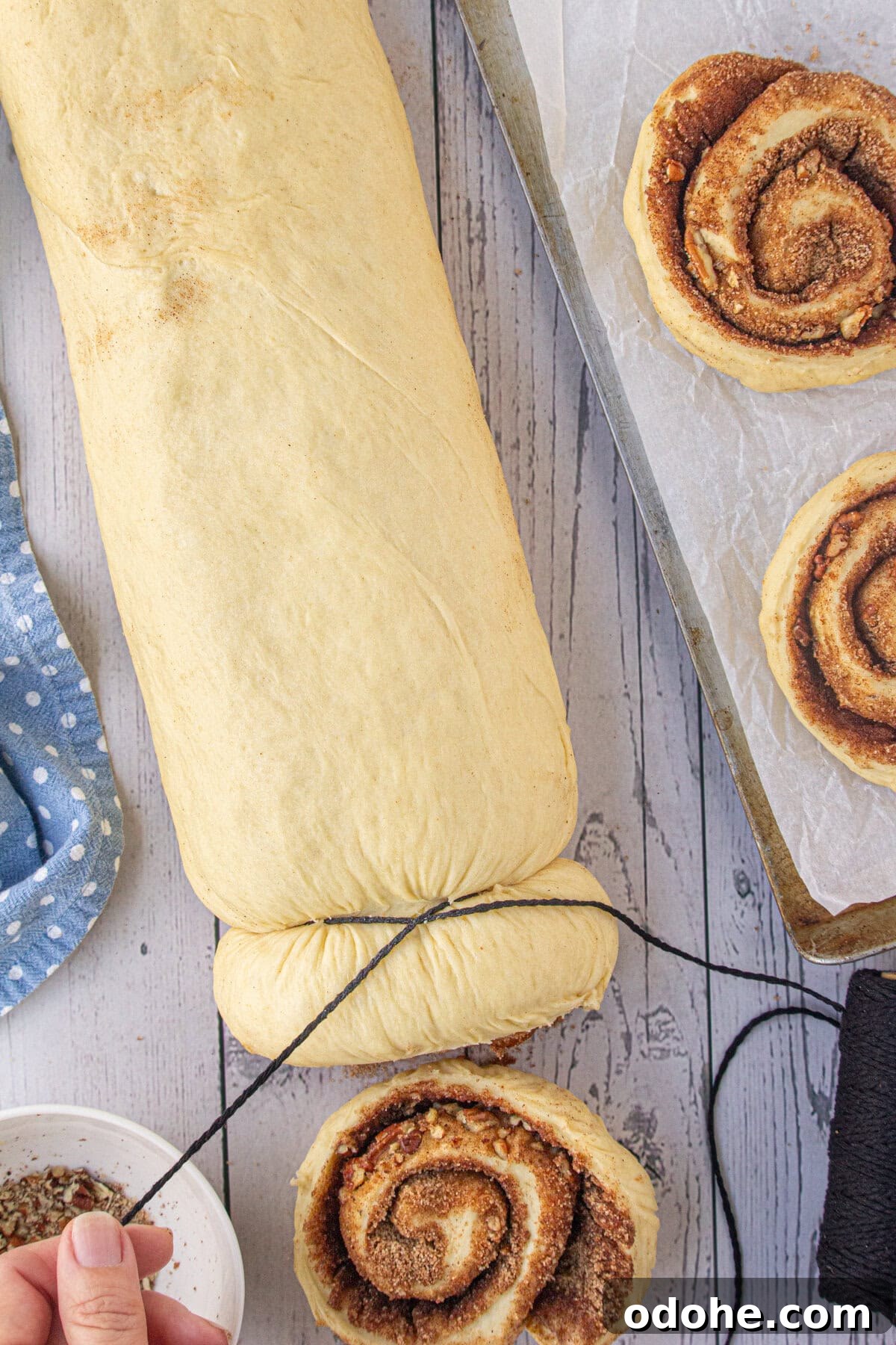 Giant Texas-Style Cinnamon Rolls: Soft, Gooey, Oversized Treat 10 Cinnamon roll dough rolled and being cut.
