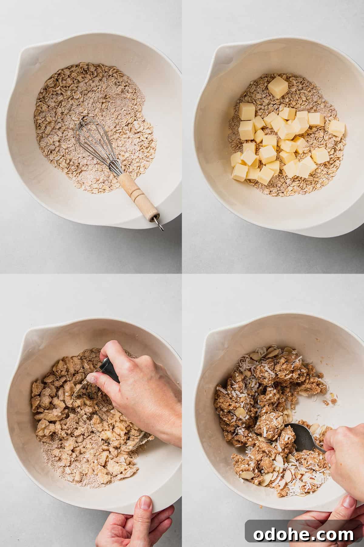 Gluten-Free Peach Crisp with Oats & Almonds — Simple Summer Dessert 4 Crisp topping steps: dry ingredients whisked in bowl with whisk, cubed butter on top, hand using pastry cutter to incorporate butter, spoon stirring in coconut and almonds.