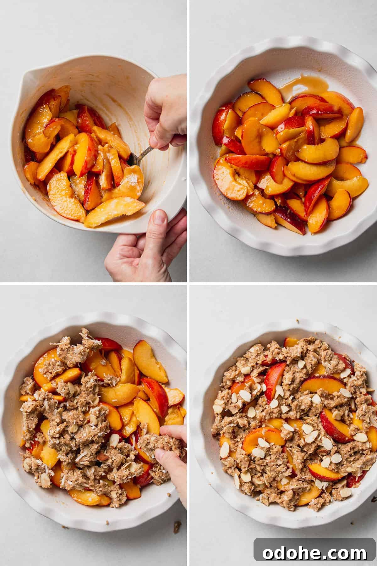 Gluten-Free Peach Crisp with Oats & Almonds — Simple Summer Dessert 5 Spoon stirring peaches, peaches in white pie dish, hand sprinkles crisp topping over peaches, unbaked peach crisp in white pie dish.