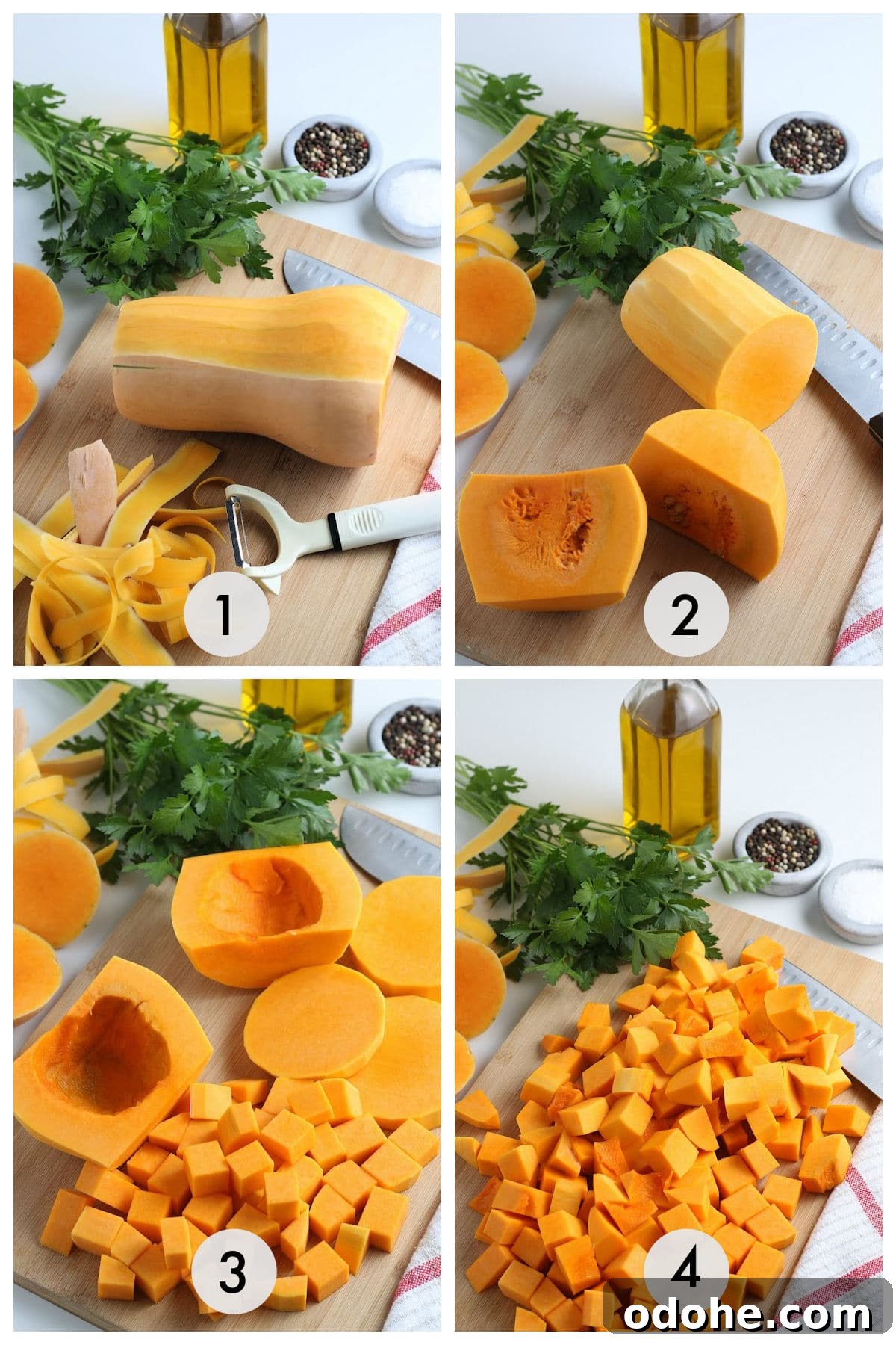 Roasting a Whole Butternut Squash: Simple Oven Method 4 A series of photos showing how to cut and roast a butternut squash.